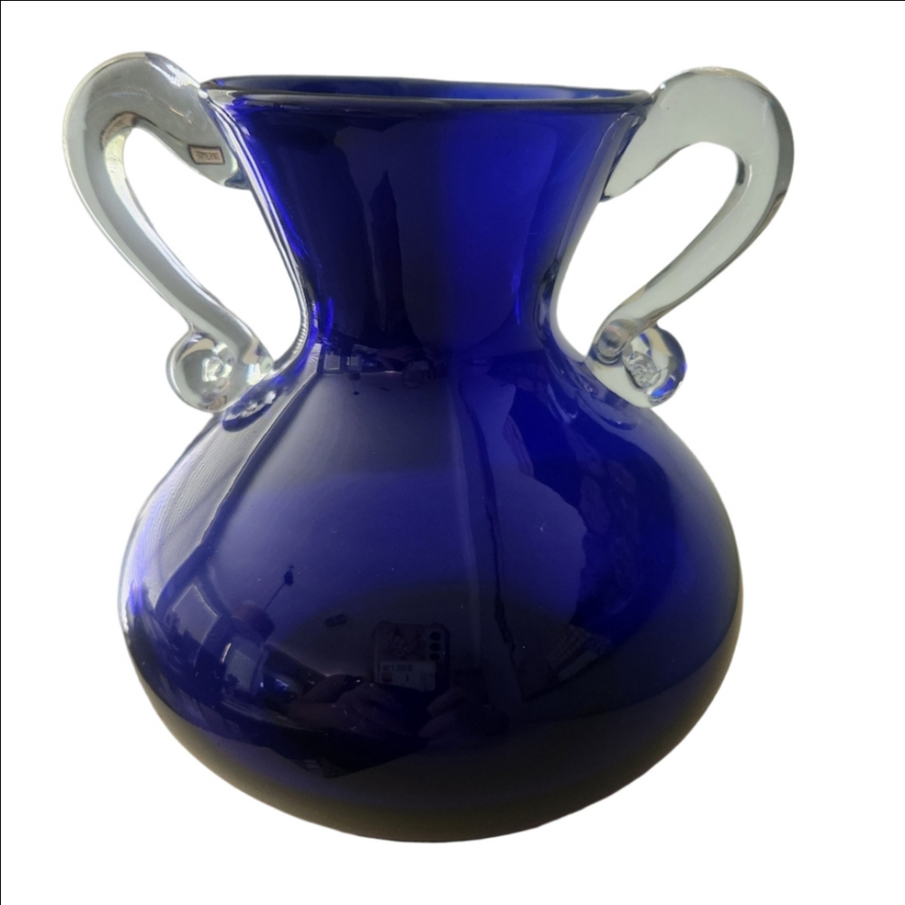 Elegant Blue Glass Vase with Clear Handles